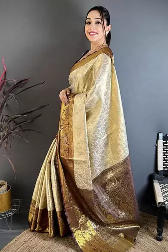 chiku-brown color kanchipuram silk blend flower zari woven saree with blouse