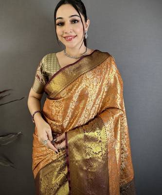 orange color kanjivaram silk blend flower zari woven saree with blouse 4