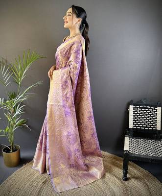 purple color kanjivaram silk blend jacquard zari woven sarees 2