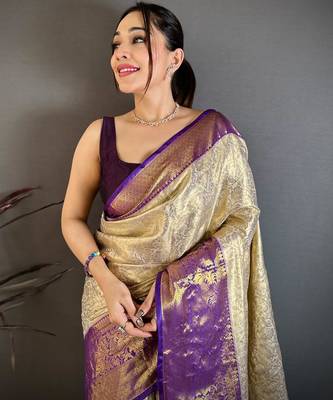 chiku-blue color kanchipuram silk blend flower zari woven saree with blouse 4