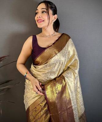 chiku-brown color kanchipuram silk blend flower zari woven saree with blouse 4