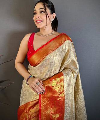 chiku-red color kanchipuram silk blend flower zari woven saree with blouse 4
