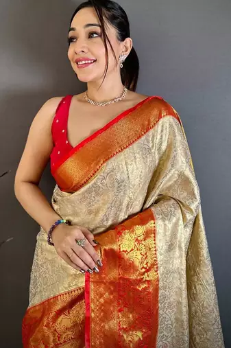 chiku-red color kanchipuram silk blend flower zari woven saree with blouse