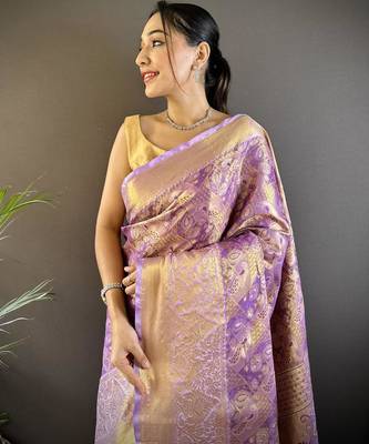 purple color kanjivaram silk blend jacquard zari woven sarees 3