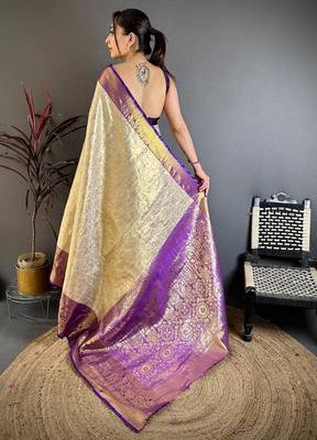 chiku-blue color kanchipuram silk blend flower zari woven saree with blouse 5