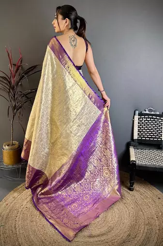 chiku-blue color kanchipuram silk blend flower zari woven saree with blouse