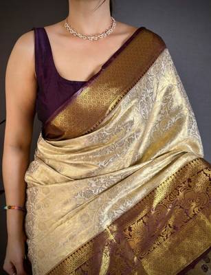 chiku-brown color kanchipuram silk blend flower zari woven saree with blouse 5