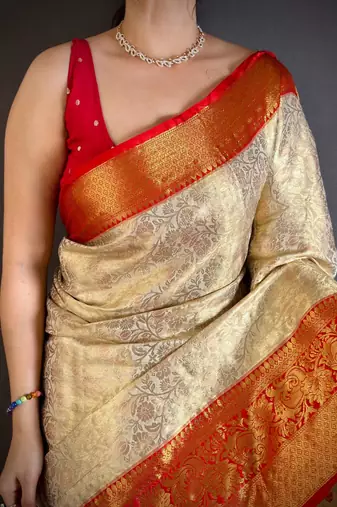 chiku-red color kanchipuram silk blend flower zari woven saree with blouse
