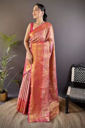 pink color kanjivaram silk blend jacquard zari woven sarees
