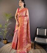 pink color kanjivaram silk blend jacquard zari woven sarees