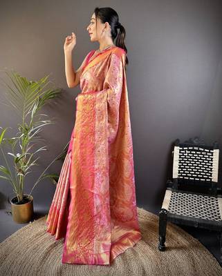 pink color kanjivaram silk blend jacquard zari woven sarees 2
