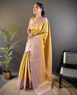 mustard color kanjivaram silk blend jacquard zari woven sarees 1