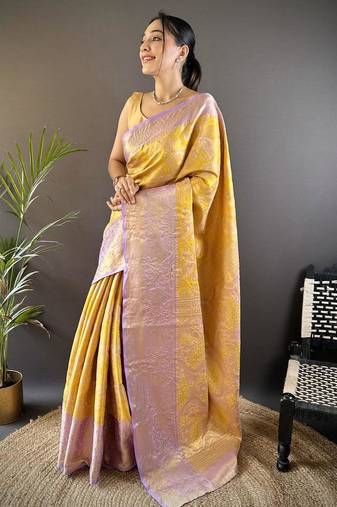 mustard color kanjivaram silk blend jacquard zari woven sarees