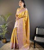 mustard color kanjivaram silk blend jacquard zari woven sarees