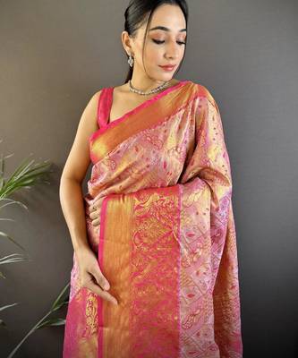 pink color kanjivaram silk blend jacquard zari woven sarees 3