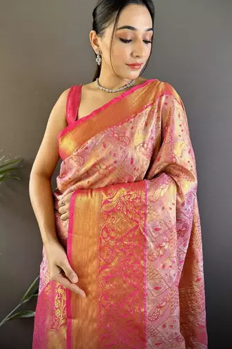 pink color kanjivaram silk blend jacquard zari woven sarees