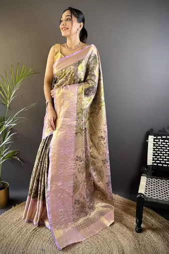 mehendi color kanjivaram silk blend jacquard zari woven sarees