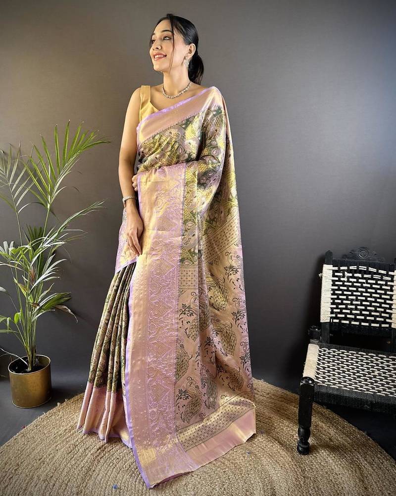 mehendi color kanjivaram silk blend jacquard zari woven sarees