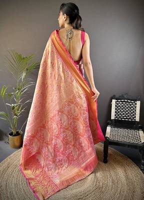pink color kanjivaram silk blend jacquard zari woven sarees 4