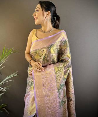 mehendi color kanjivaram silk blend jacquard zari woven sarees 3