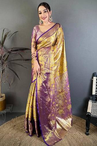 yellow color kanjivaram silk blend zari weaving saree with blouse 