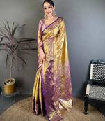 yellow color kanjivaram silk blend zari weaving saree with blouse 