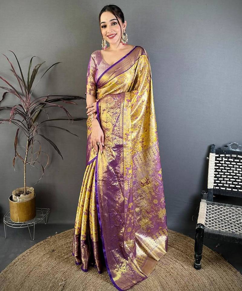 yellow color kanjivaram silk blend zari weaving saree with blouse 