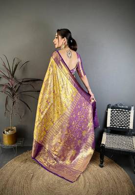 yellow color kanjivaram silk blend zari weaving saree with blouse  2