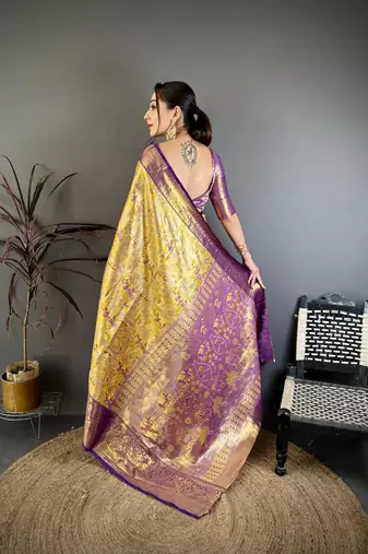 yellow color kanjivaram silk blend zari weaving saree with blouse 