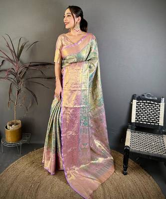 skyblue color kanjivaram silk blend zari weaving saree with blouse  1