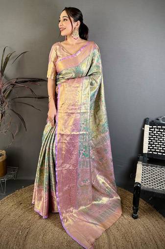 skyblue color kanjivaram silk blend zari weaving saree with blouse 
