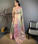 skyblue color kanjivaram silk blend zari weaving saree with blouse 