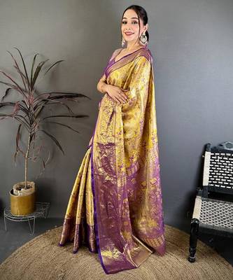yellow color kanjivaram silk blend zari weaving saree with blouse  3