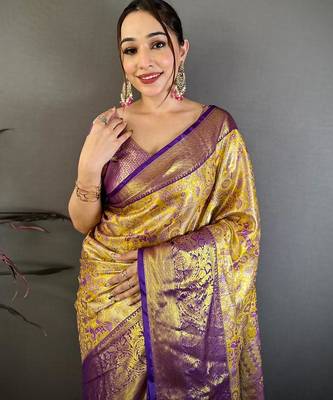 yellow color kanjivaram silk blend zari weaving saree with blouse  4
