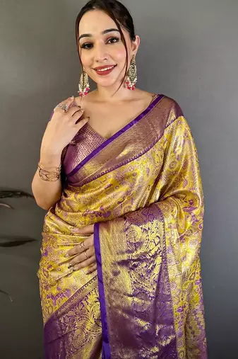 yellow color kanjivaram silk blend zari weaving saree with blouse 