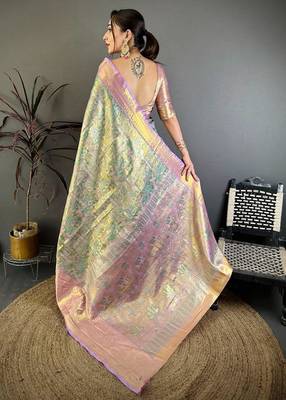 skyblue color kanjivaram silk blend zari weaving saree with blouse  2