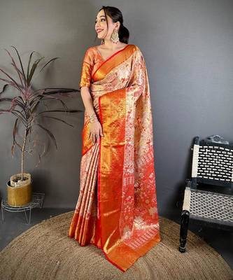 red color kanjivaram silk blend zari weaving saree with blouse  1