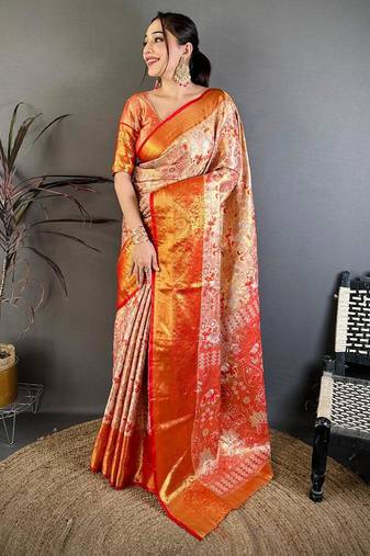 red color kanjivaram silk blend zari weaving saree with blouse 