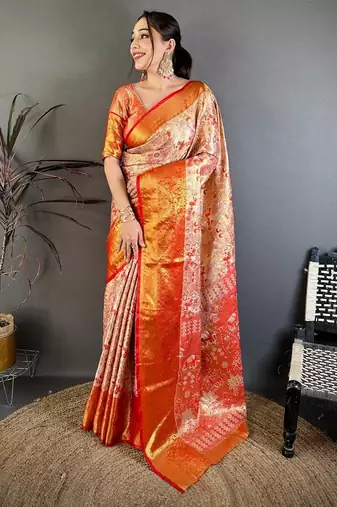 red color kanjivaram silk blend zari weaving saree with blouse 