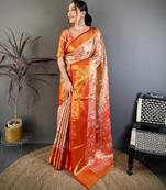 red color kanjivaram silk blend zari weaving saree with blouse 