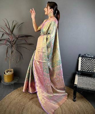 skyblue color kanjivaram silk blend zari weaving saree with blouse  3
