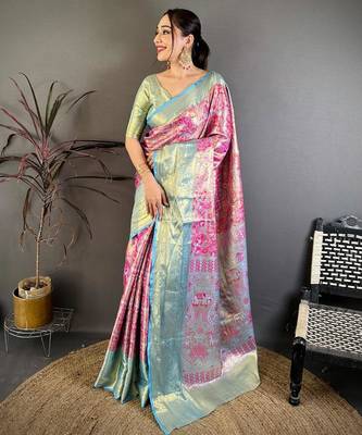 rani pink color kanjivaram silk blend zari weaving saree with blouse  1