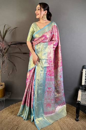 rani pink color kanjivaram silk blend zari weaving saree with blouse 