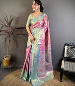 rani pink color kanjivaram silk blend zari weaving saree with blouse 