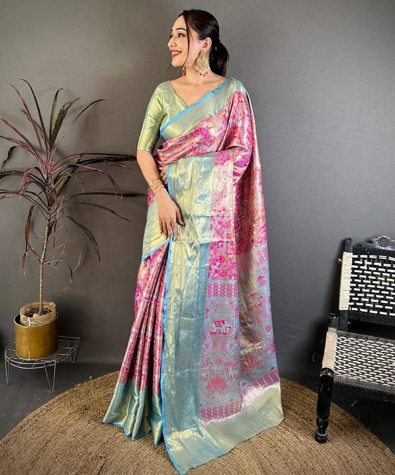 rani pink color kanjivaram silk blend zari weaving saree with blouse 