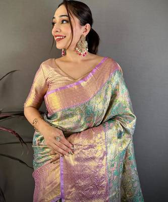 skyblue color kanjivaram silk blend zari weaving saree with blouse  4