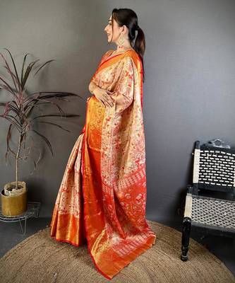 red color kanjivaram silk blend zari weaving saree with blouse  3