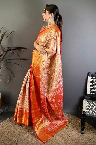 red color kanjivaram silk blend zari weaving saree with blouse 