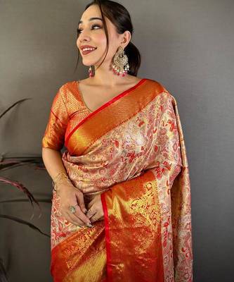 red color kanjivaram silk blend zari weaving saree with blouse  4