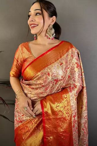 red color kanjivaram silk blend zari weaving saree with blouse 